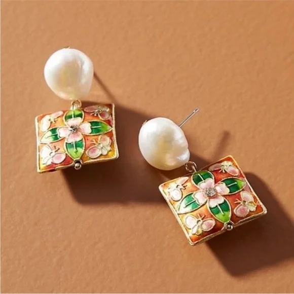 NWT Anthropologie Cloisonne Pearl Drop Earrings - Picture 1 of 7